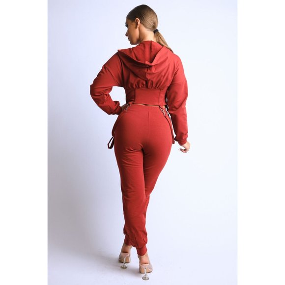 Women's Long Sleeve Zip-Up Strappy Terry Casual Hoodie Two-Piece Set Super Cute - Picture 10 of 12